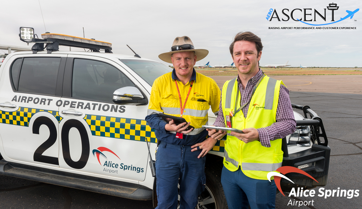 Davy Semal, Alice Springs Airport Manager Operations (right), with Reporting Officer, Shane Martyn, on the tarmac with the new AeroAscent TrackerAIRSIDE tracking technology that was launched on Monday.